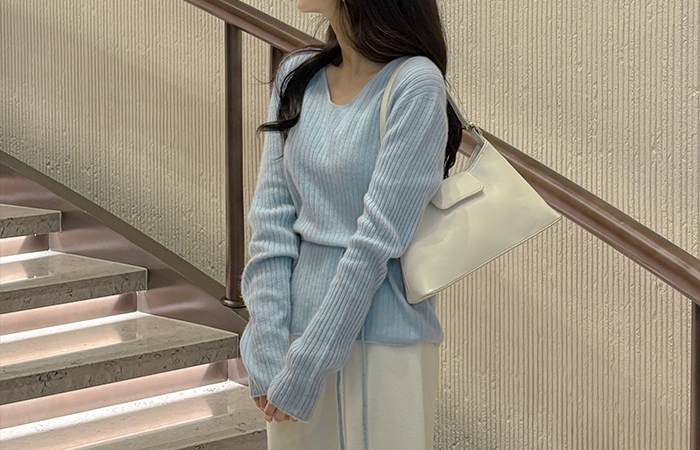 羊毛100% V字领 条绒 针织衫(+腰带)