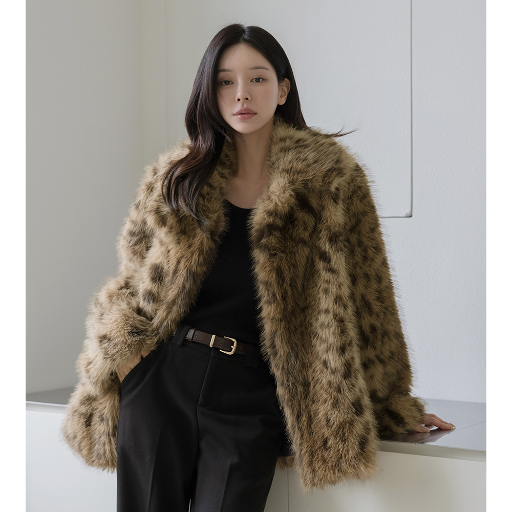 翻领 豹纹 人造毛 短上衣 夹克