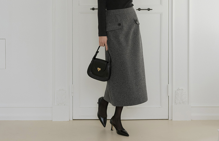 拉绒 口袋 后侧松紧带 H字型 长款 裙子