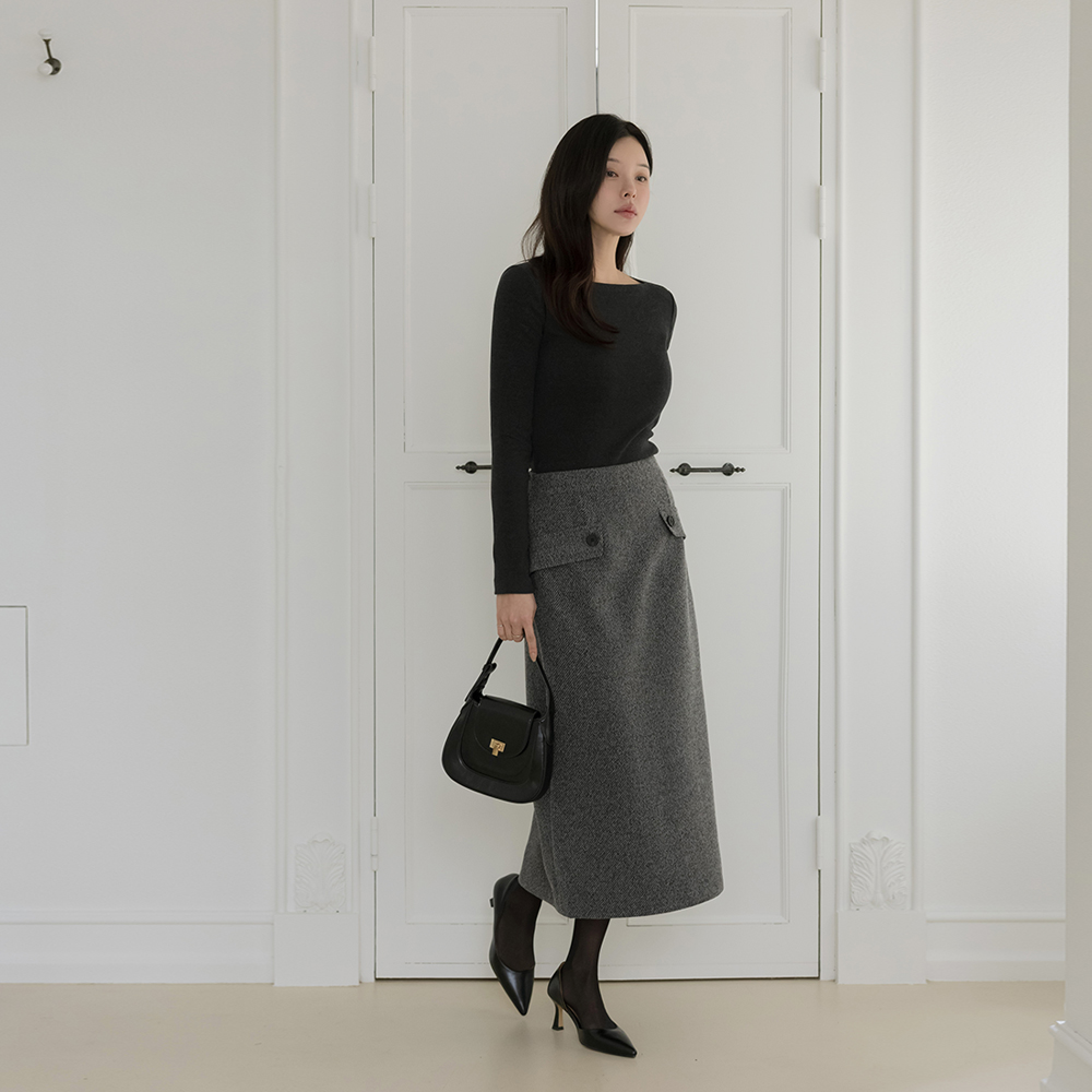 拉绒 口袋 后侧松紧带 H字型 长款 裙子