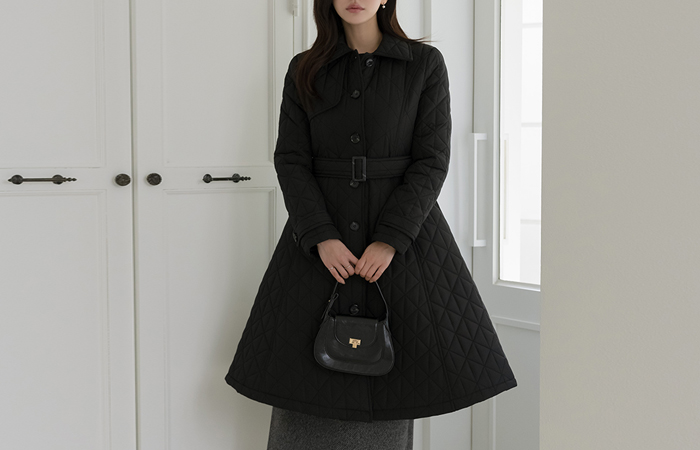 女性化的 修身 绗缝 棉衣 长款 羽绒服(+腰带)