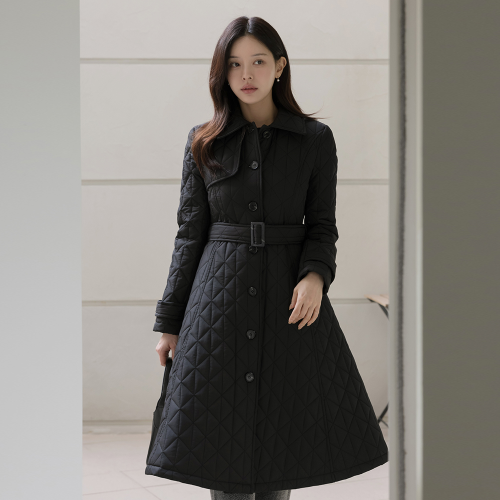 女性化的 修身 绗缝 棉衣 长款 羽绒服(+腰带)