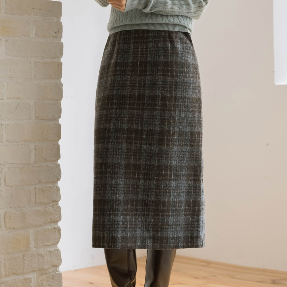 混合 格子 H字型 羊毛 羊毛 裙子