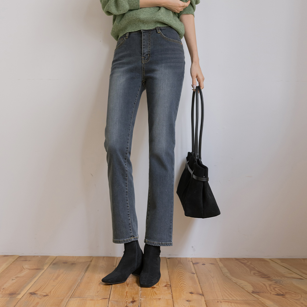 斯利姆 一字型 拉绒 弹力 牛仔色 裤子