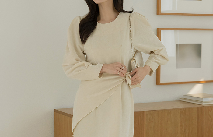 丝绒 H字型 泡泡袖 长款 连衣裙(+围巾)