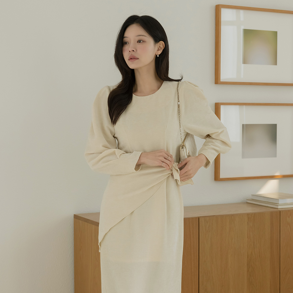 丝绒 H字型 泡泡袖 长款 连衣裙(+围巾)