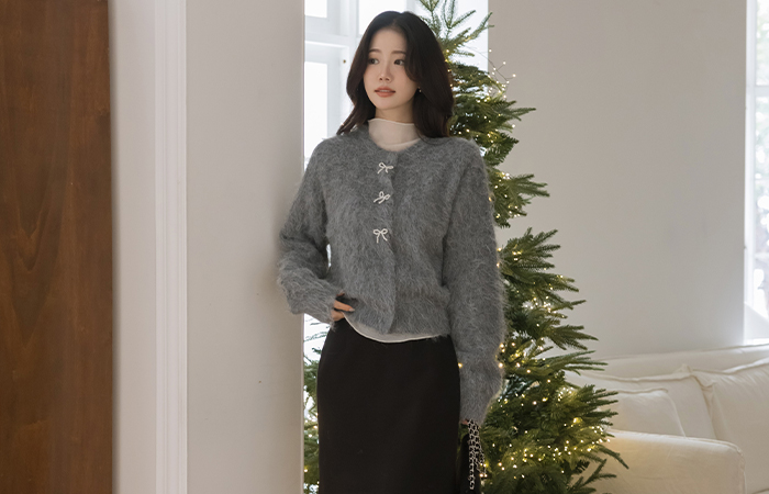 ODE 珍珠 蝴蝶结 羊毛 开衫 针织衫