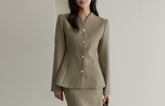 羊毛 无领 修身 Set-up 夹克