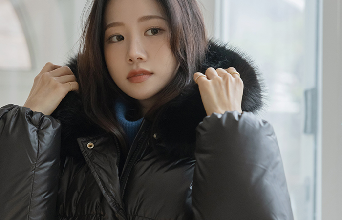 有光泽 羽绒棉 抽绳 带帽 羽绒服(+腰带)