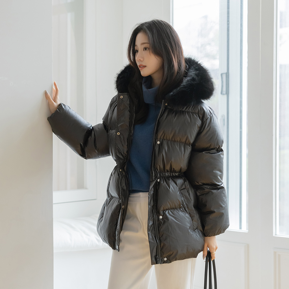 有光泽 羽绒棉 抽绳 带帽 羽绒服(+腰带)