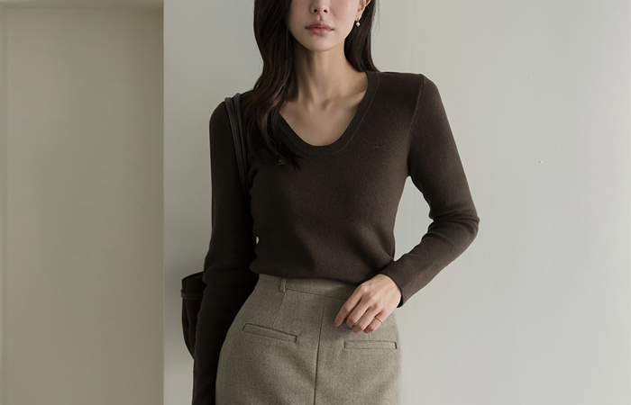 日常 U领 条绒 针织衫