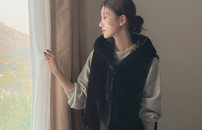 Eco 毛皮草 带帽 长款 马甲