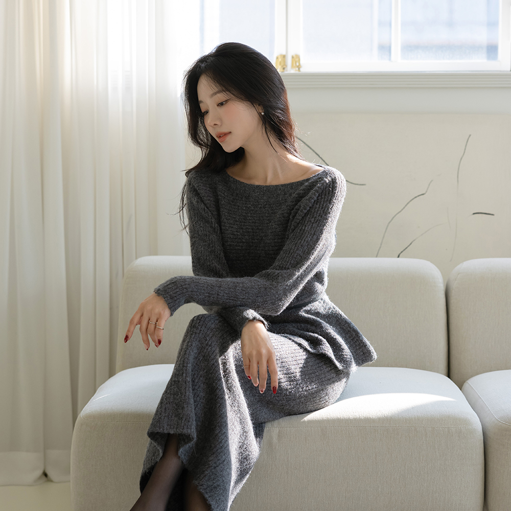 船形领 荷叶边 针织&裙子 SET