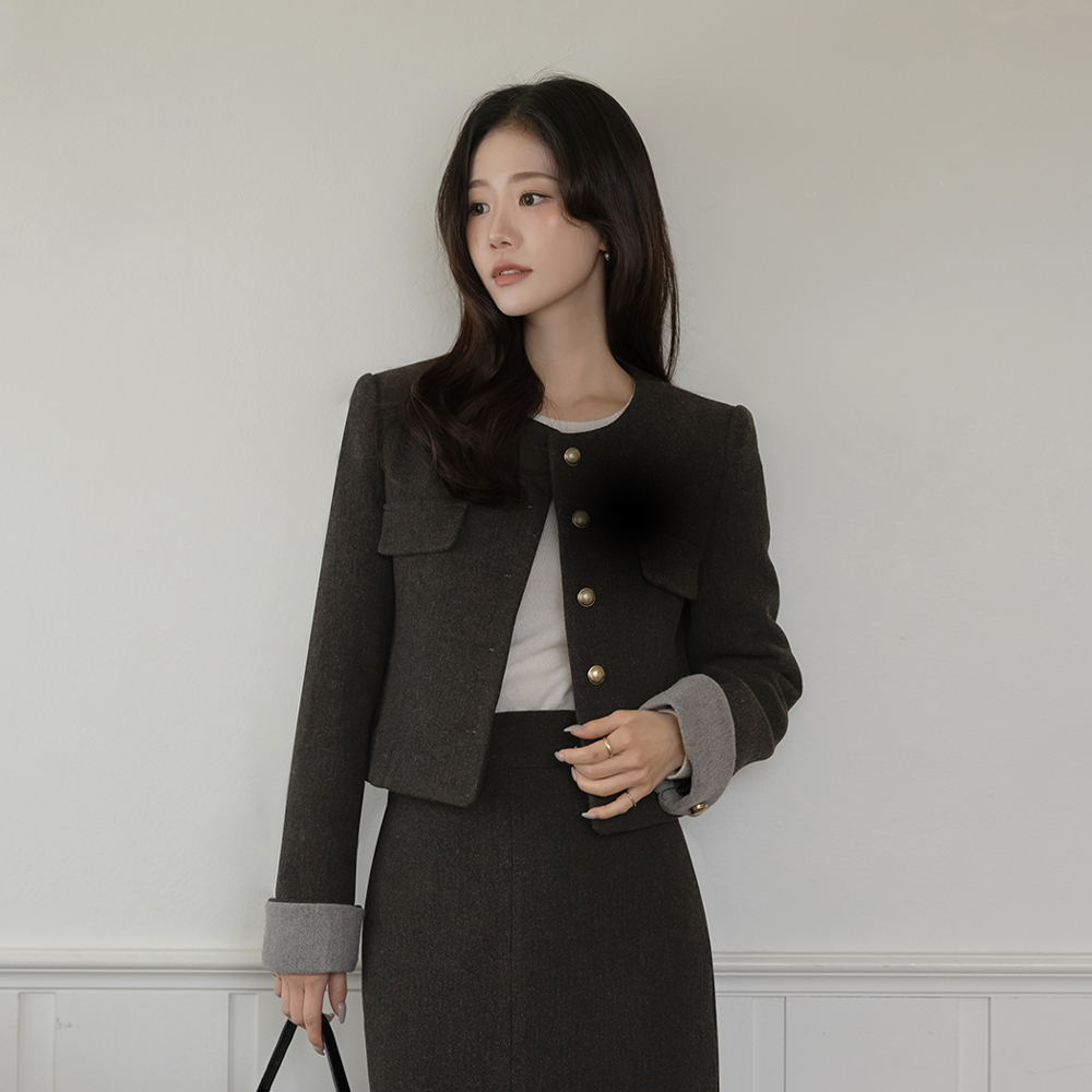 Jenny 羊毛 卷边 配色 羊毛 棉衣 Set-up 夹克