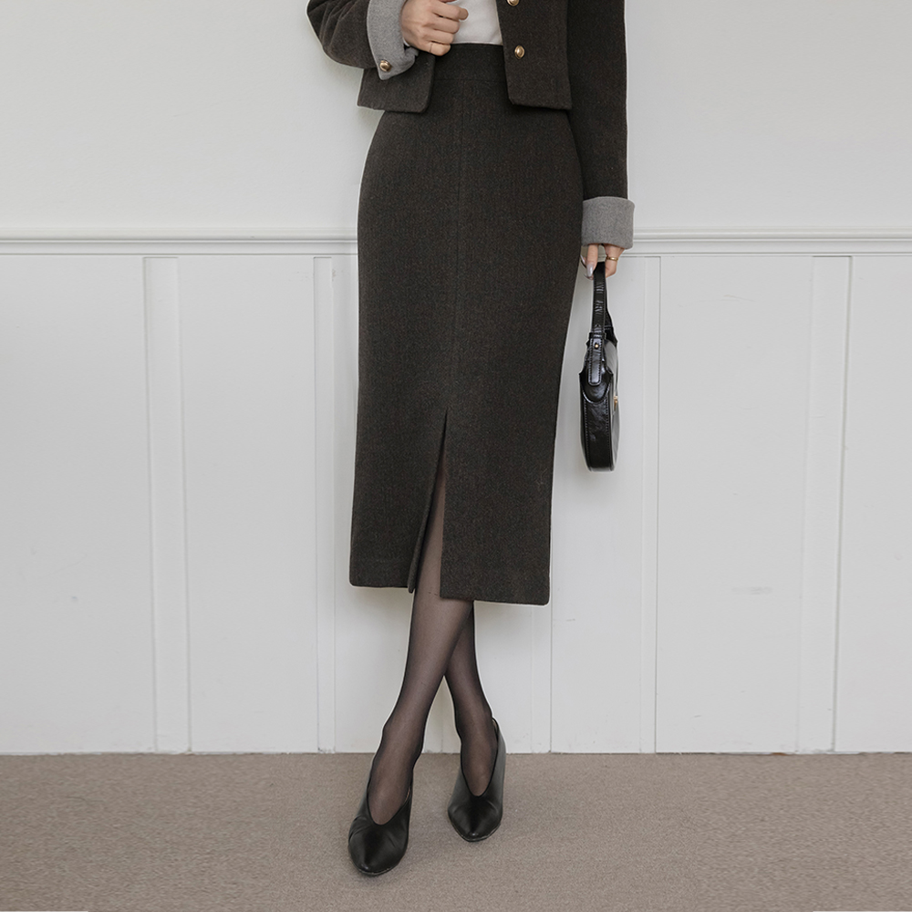 Jenny 羊毛 前 开衩 H字型 羊毛 Set-up 裙子