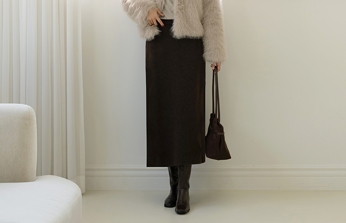 皮草大衣 拉绒 后侧松紧带 H字型 长款 裙子