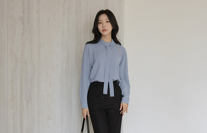 世利 金色纽扣 插肩袖 罩衫(+领带)