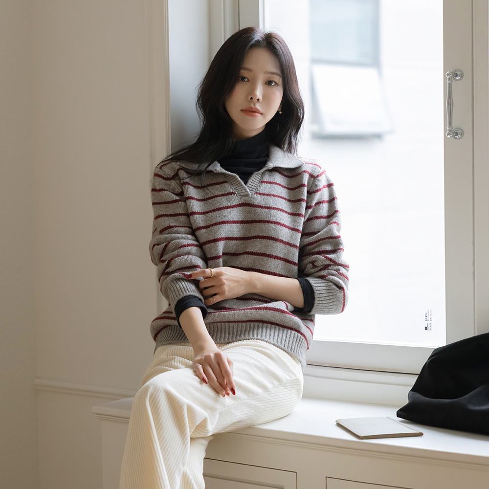 稍厚的 领子 开口领子 羊毛 横条纹 针织衫