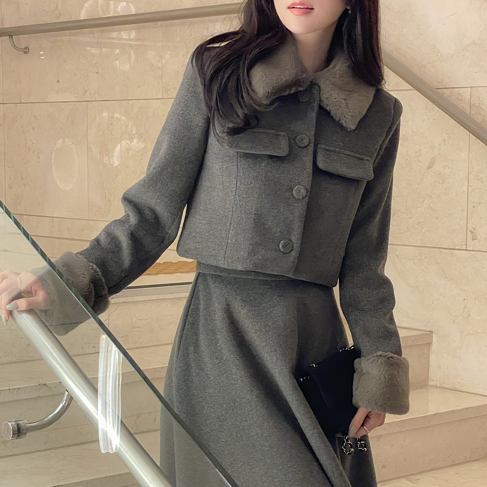 ODE 毛皮草 配色 棉衣 7分裤 Set-up 夹克