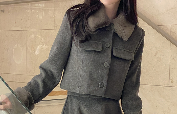 ODE 毛皮草 配色 棉衣 7分裤 Set-up 夹克