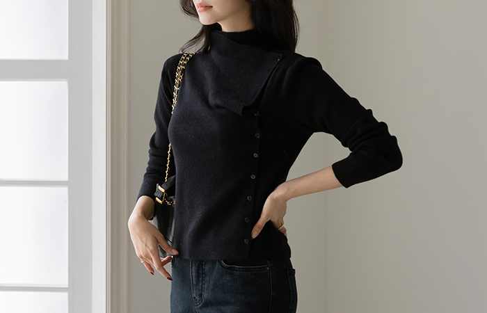 斜线 不规则 扣子 羊毛 半高领 针织衫