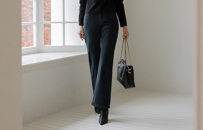 牛仔色 拉绒 喇叭 弹力 裤子