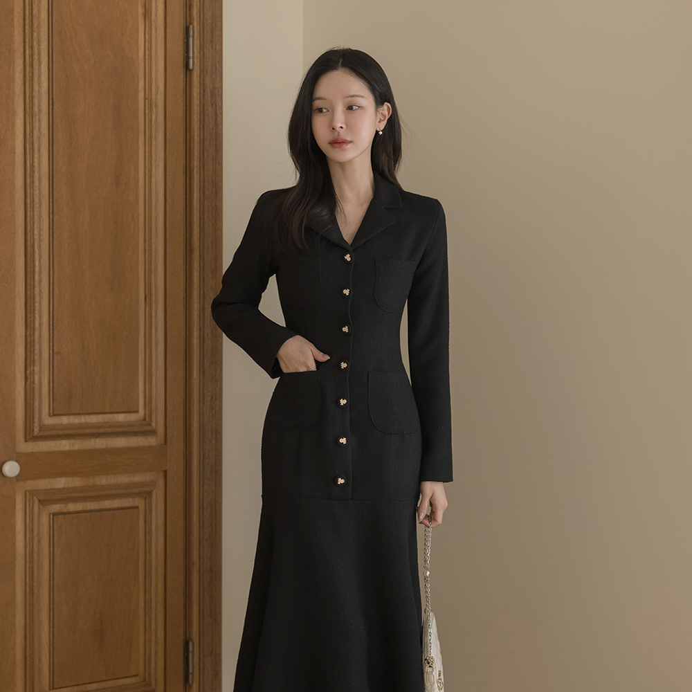 订制领子 美人鱼 粗呢 长款 连衣裙