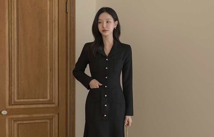 订制领子 美人鱼 粗呢 长款 连衣裙