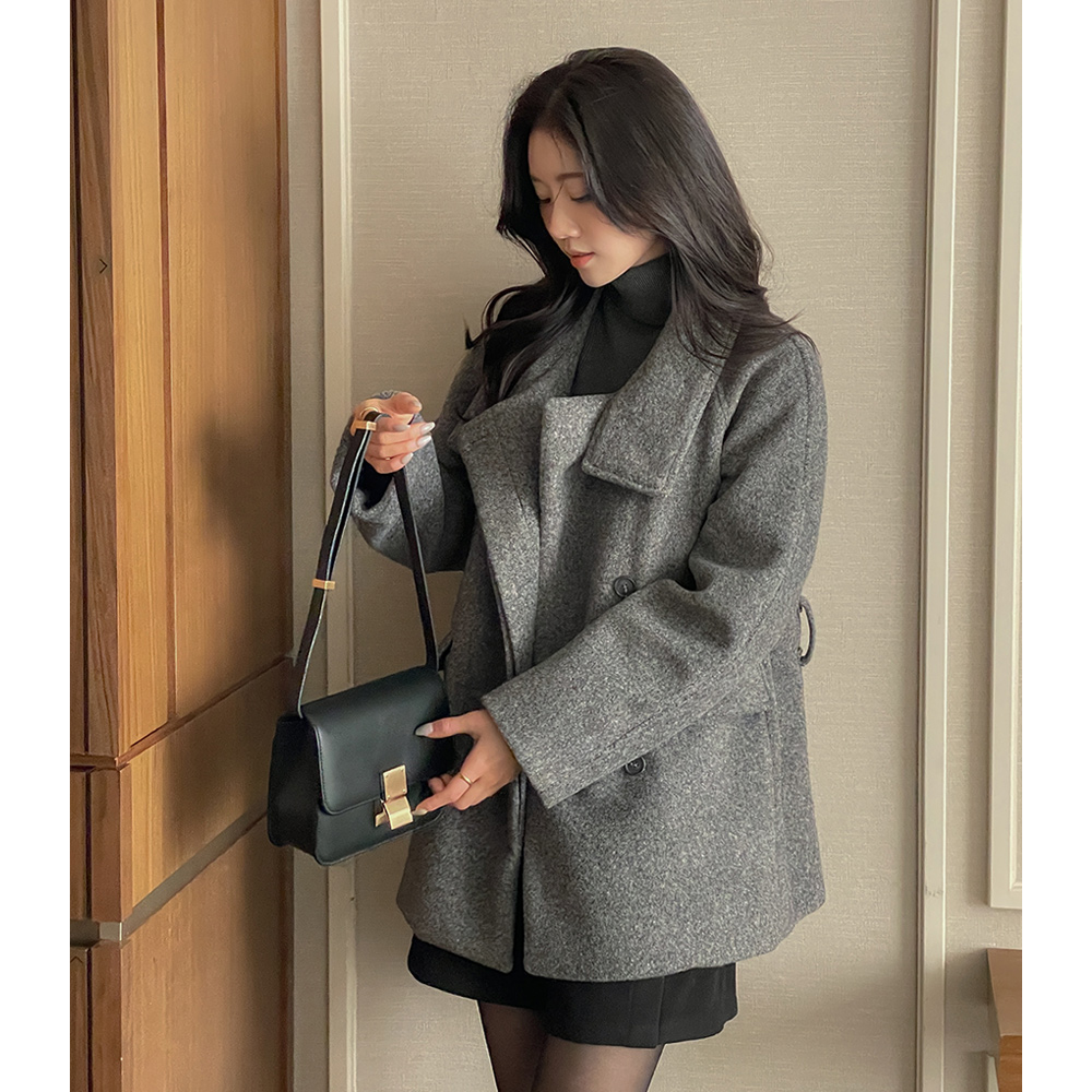 翻领 插肩袖 羊毛 短上衣 大衣(+腰带)