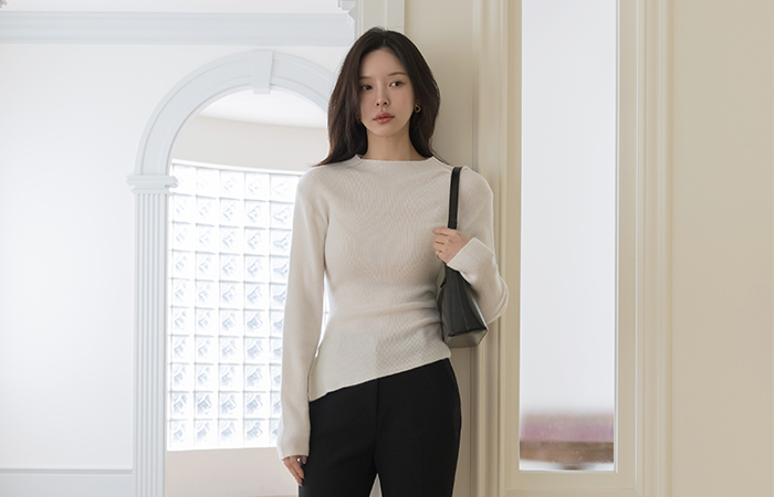 半高领 条绒 侧纽 褶皱 羊毛 不规则 针织衫