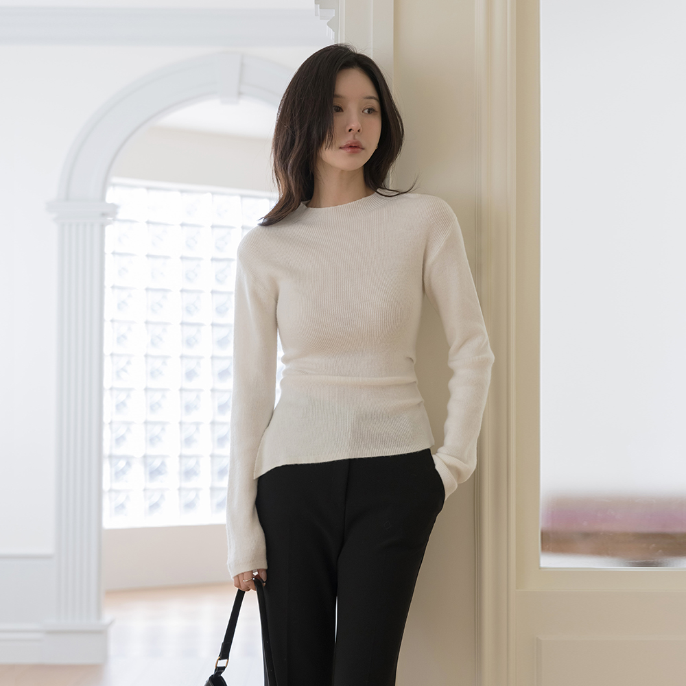 半高领 条绒 侧纽 褶皱 羊毛 不规则 针织衫