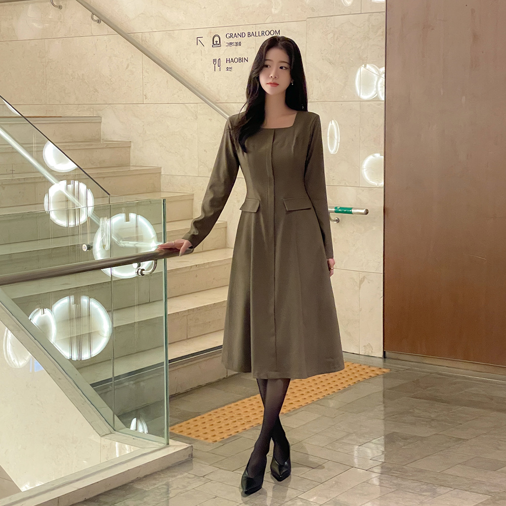 方领 口袋 A字型 连衣裙(+腰带)