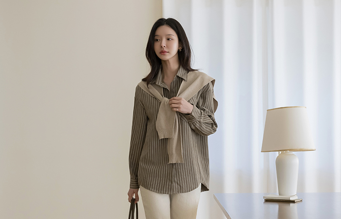 条纹 Standard 合适 衬衫(+披巾)