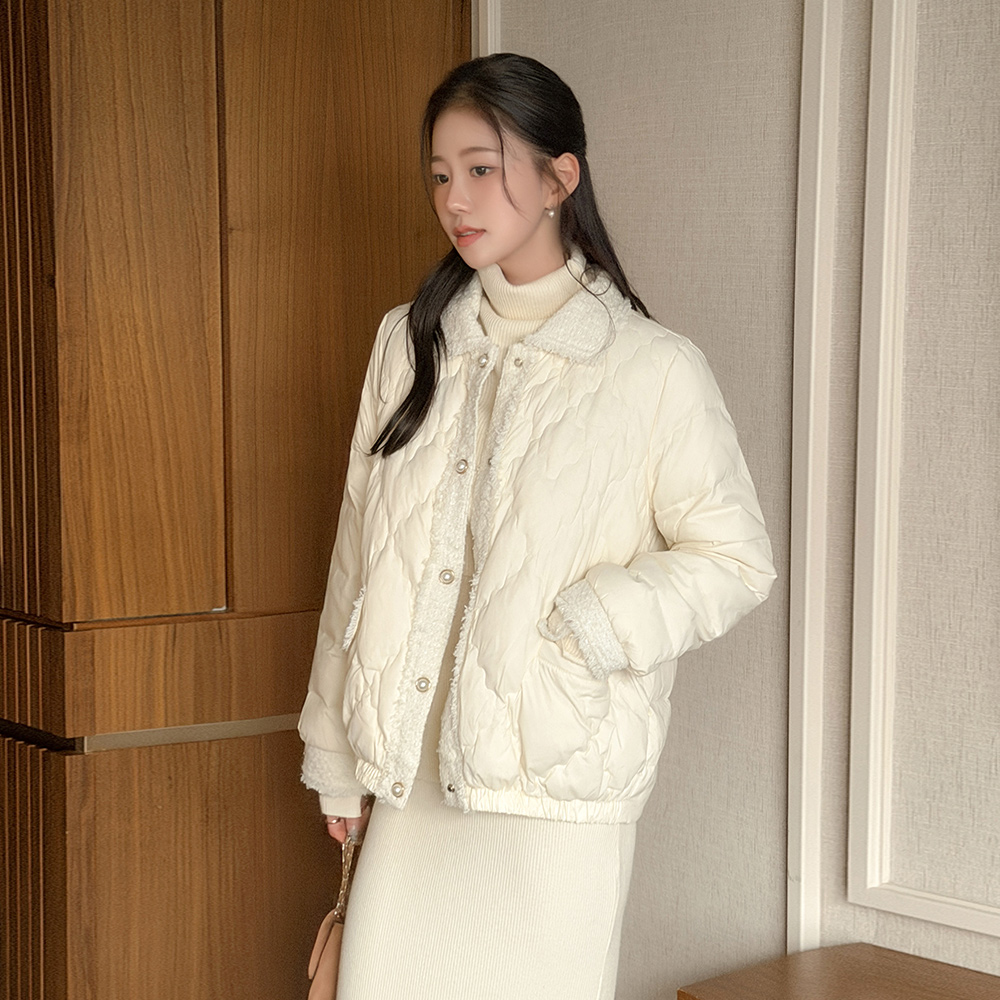 鸭绒 粗呢 配色 珍珠 羽绒服