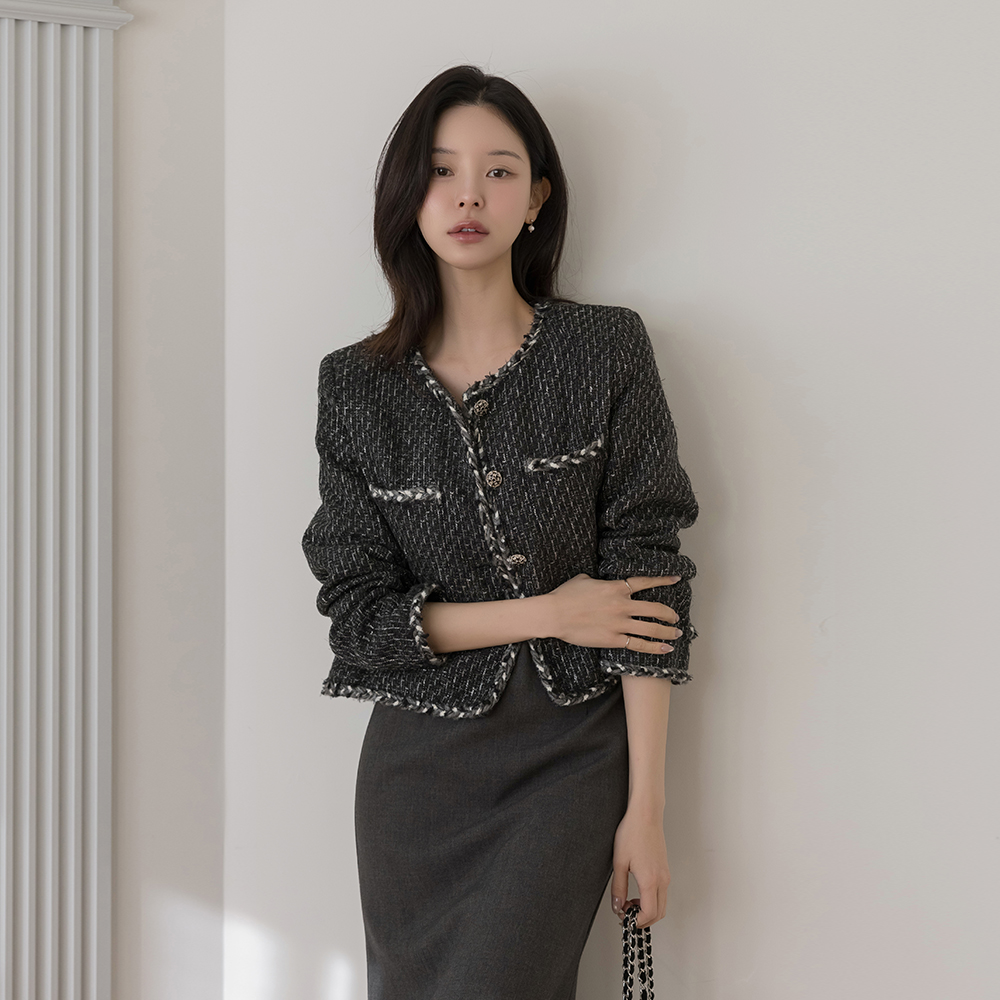 圆领 扭 配色 粗呢 夹克