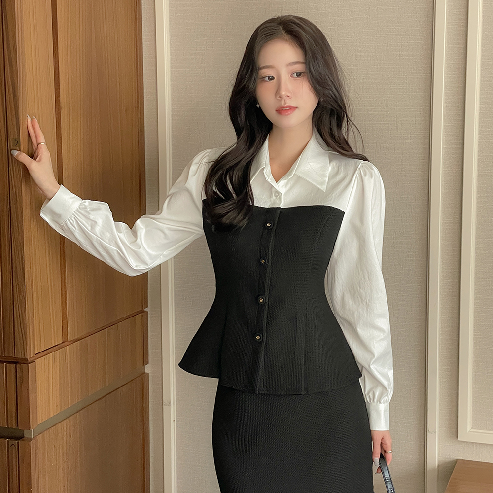 安娜 配色 粗呢 Set-up 罩衫