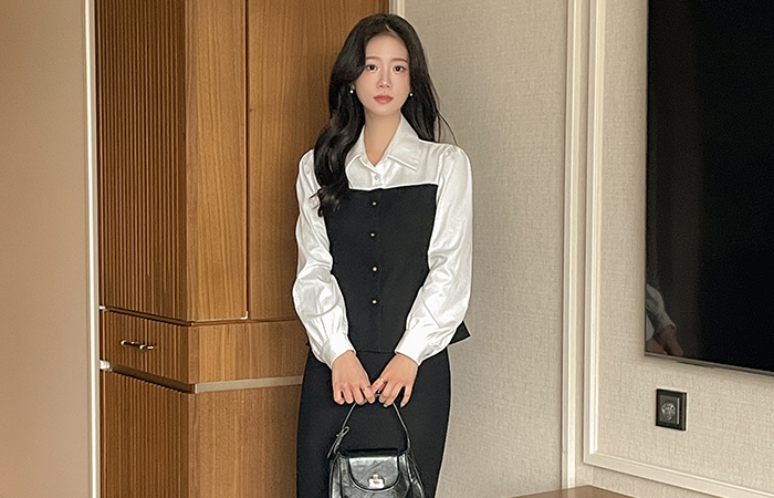 安娜 配色 粗呢 Set-up 罩衫