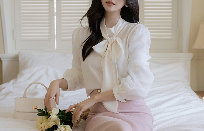 二重 曲线 袖 优雅 领带 罩衫