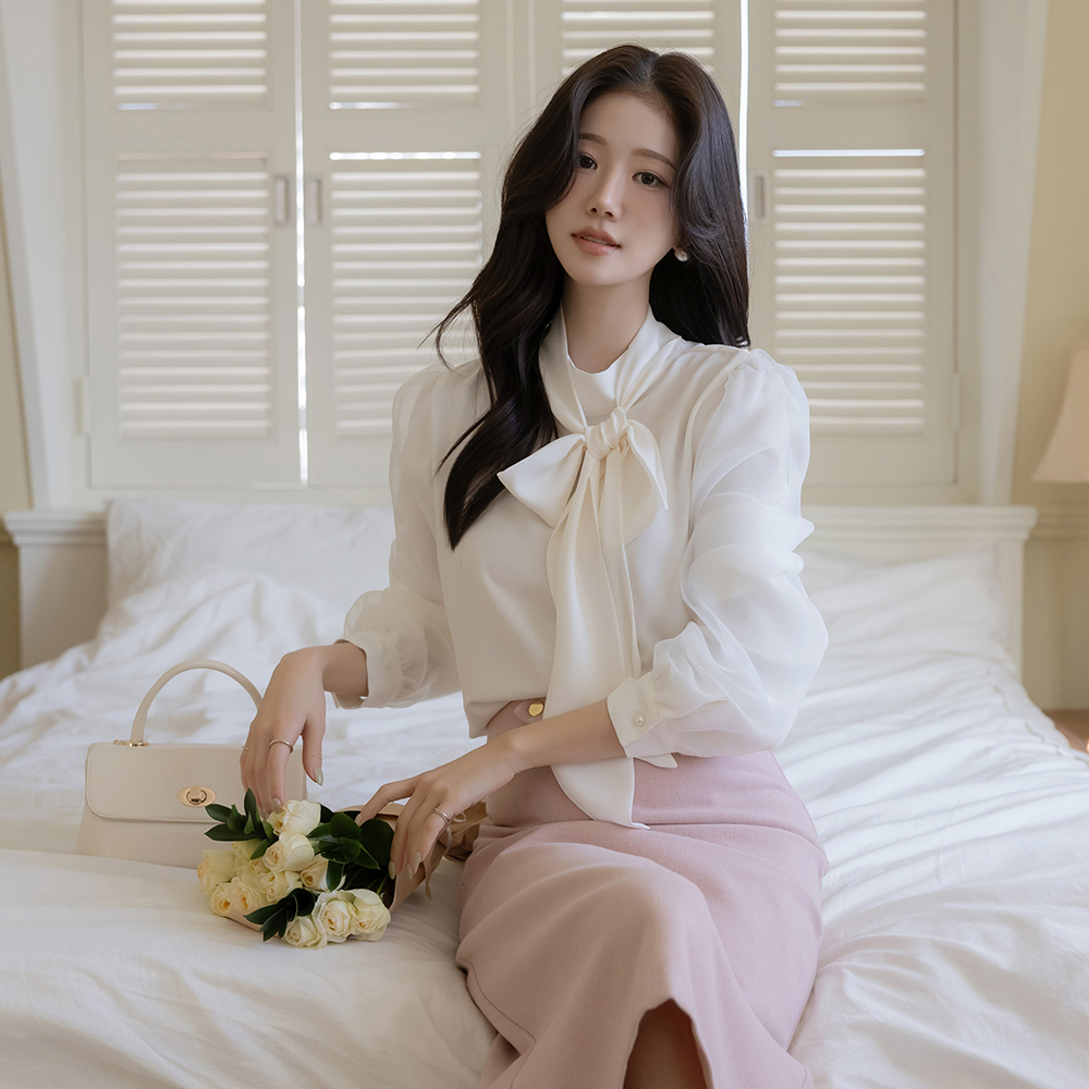 二重 曲线 袖 优雅 领带 罩衫