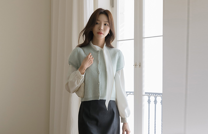 柔色 圆领 珍珠 短袖 针织衫 开衫