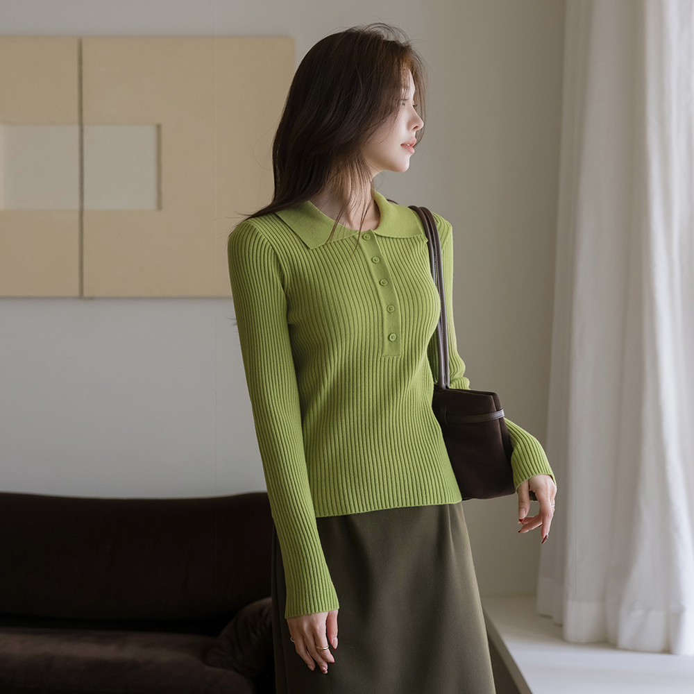 翻领 반버튼 条绒 针织衫