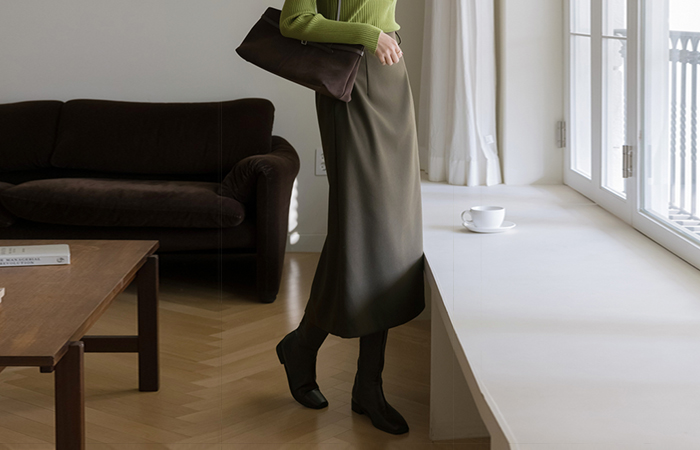 羊毛 后侧松紧带 H字型 长款 裙子(+腰带)