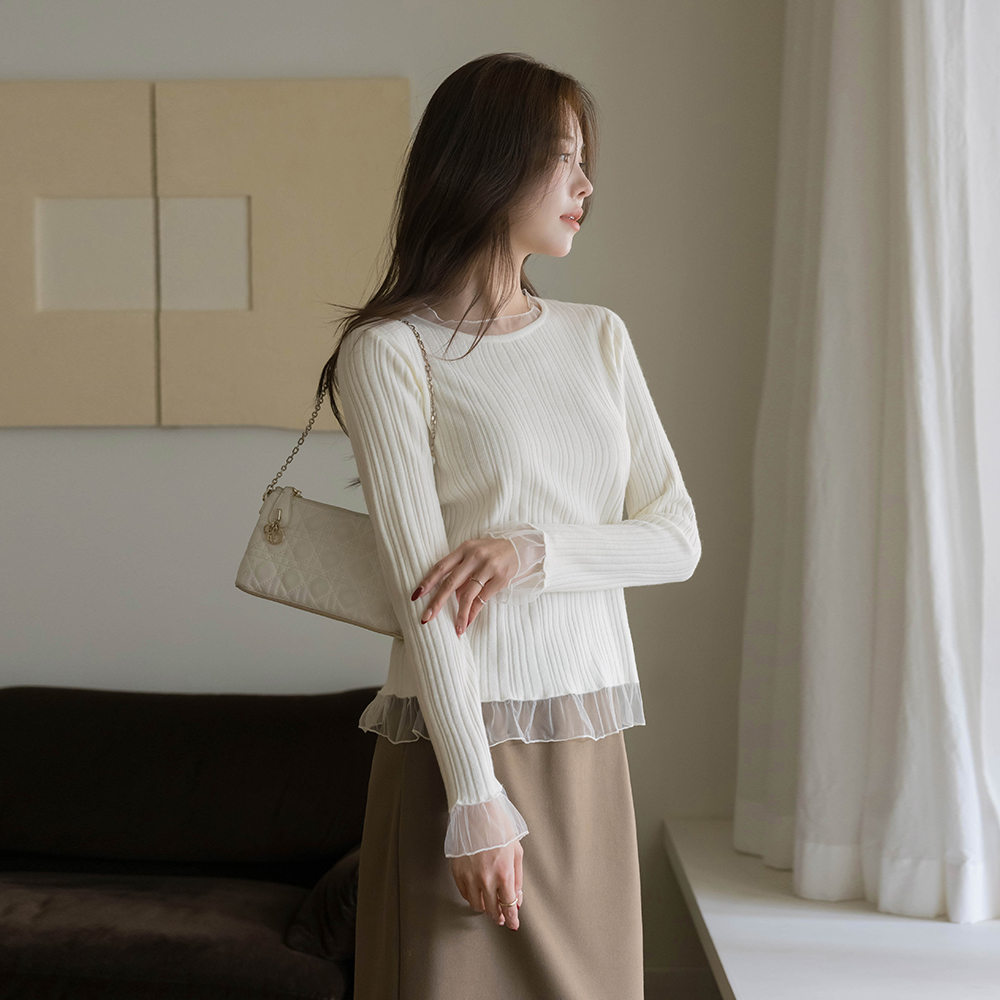 朱丽叶 圆领 透视 配色 针织衫