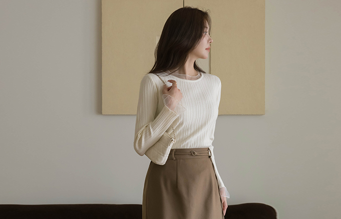 朱丽叶 圆领 透视 配色 针织衫