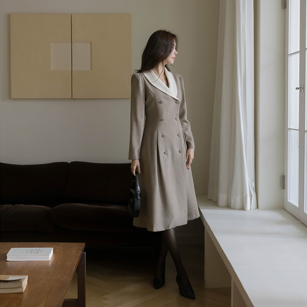 披巾领 双排扣 A字型 羊毛 连衣裙(+腰带)