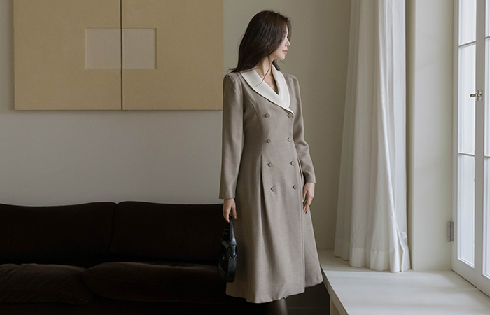 披巾领 双排扣 A字型 羊毛 连衣裙(+腰带)