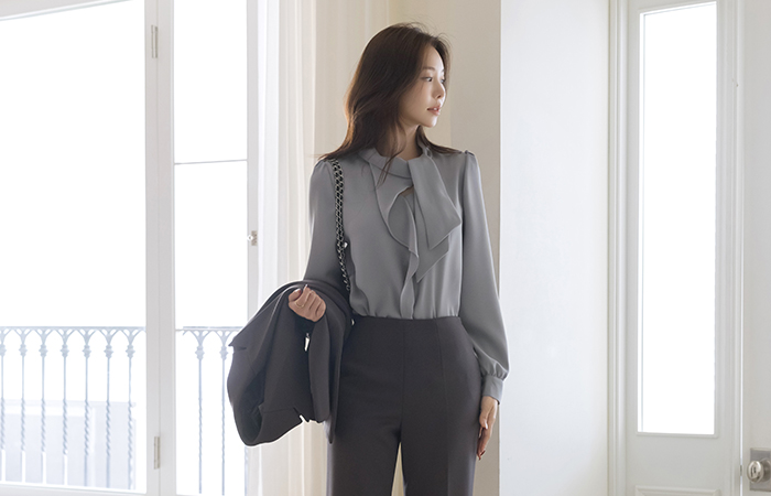 ODE 领带 荷叶 长袖 罩衫