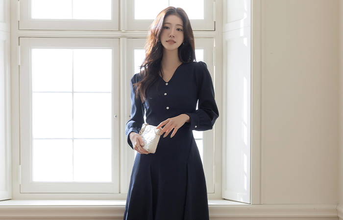 V字领 花纹 珍珠 A字型 连衣裙