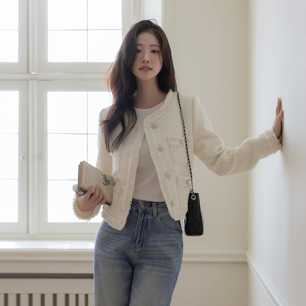 圆领 双口袋 穗饰 粗呢 夹克