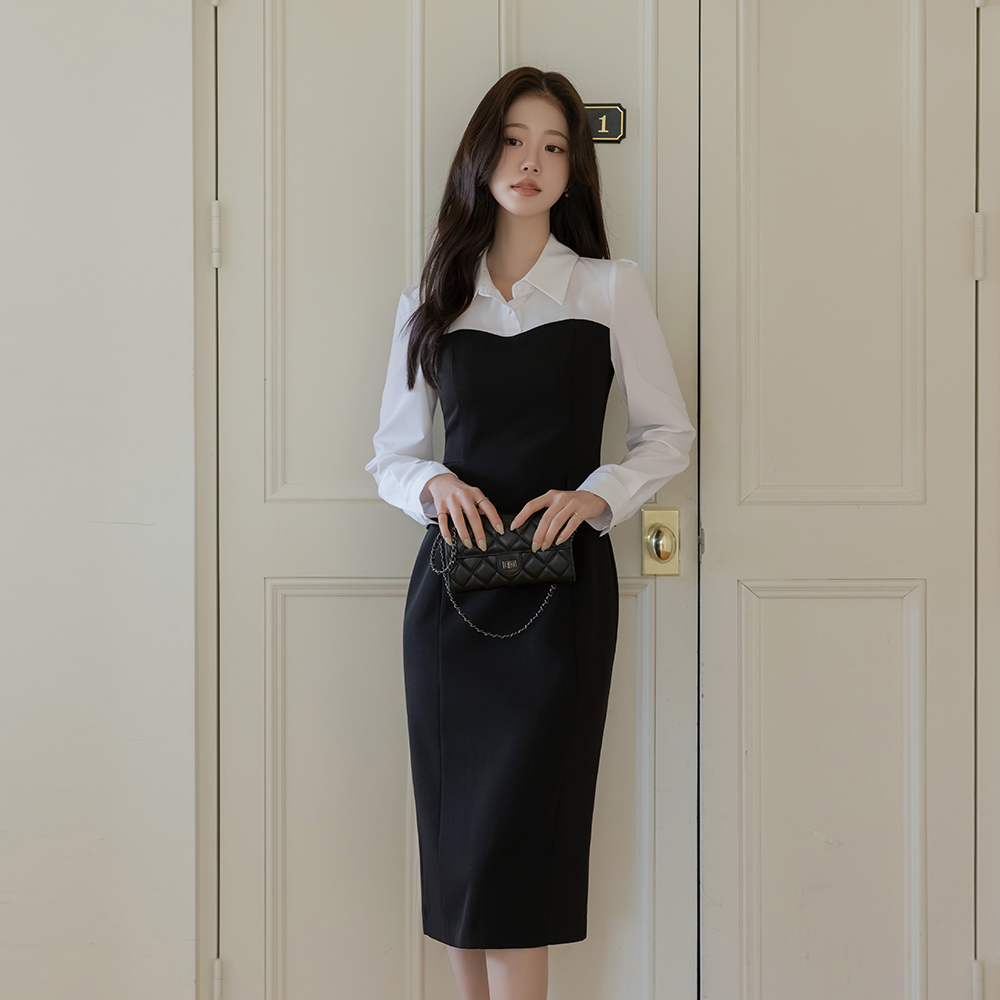 翻领 分层 配色 H字型 连衣裙